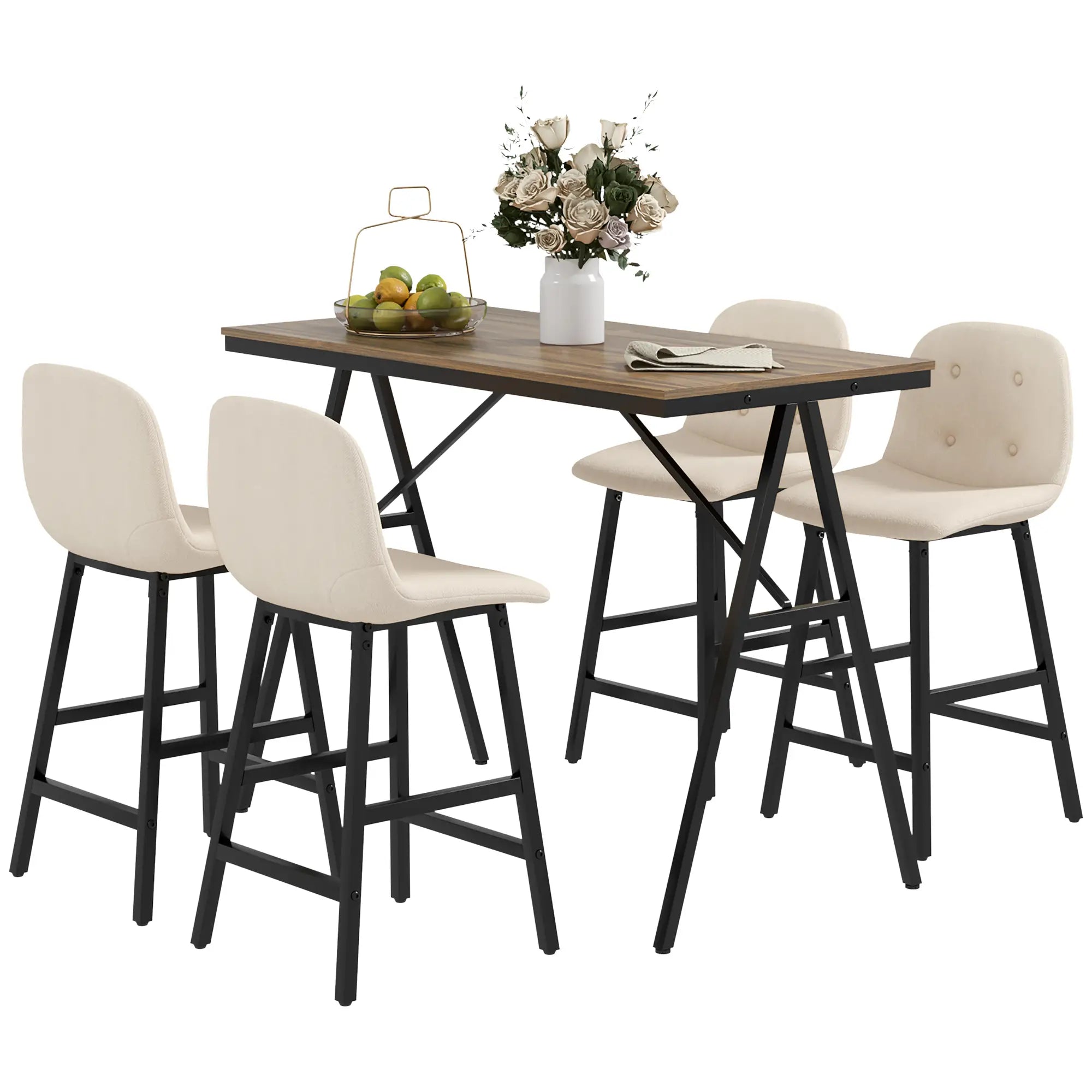 Barkrukset met Tafel – Industrieel Design, 2 Barkrukken met Stiksels, Lichtgrijs, 120 x 60 x 91 cm