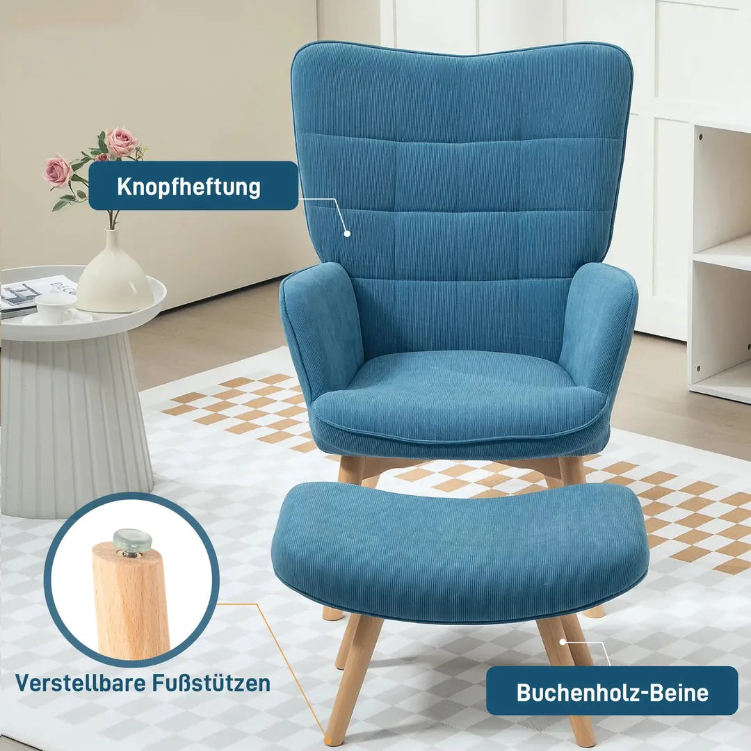 Fauteuil met Hocker – Relaxstoel in Cordstof met Armleuningen en Houten Poten, Grijs, voor Woonkamer