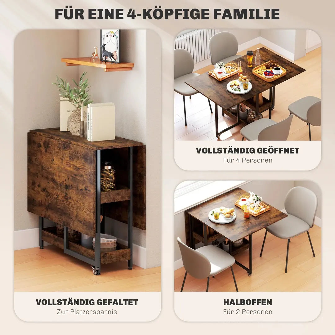 Eettafel inklapbaar – geschikt voor 4 personen – met open opbergrekken – Houtlook spaanplaat en metaal – Bruin