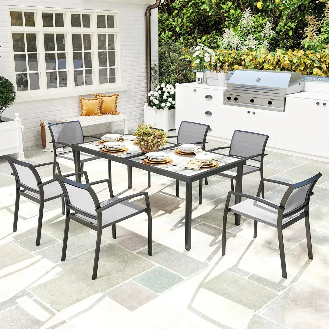 Outsunny 7-delige tuinset met 6 stapelbare stoelen en tafel 180 x 87 x 72 cm – stalen frame