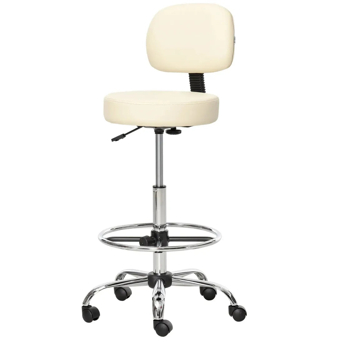 Barstoel met 360° Draai – Hoogteverstelbaar, Met Wielen en Rugleuning van Kunstleer, Beige, 56 x 57 x 104-127 cm