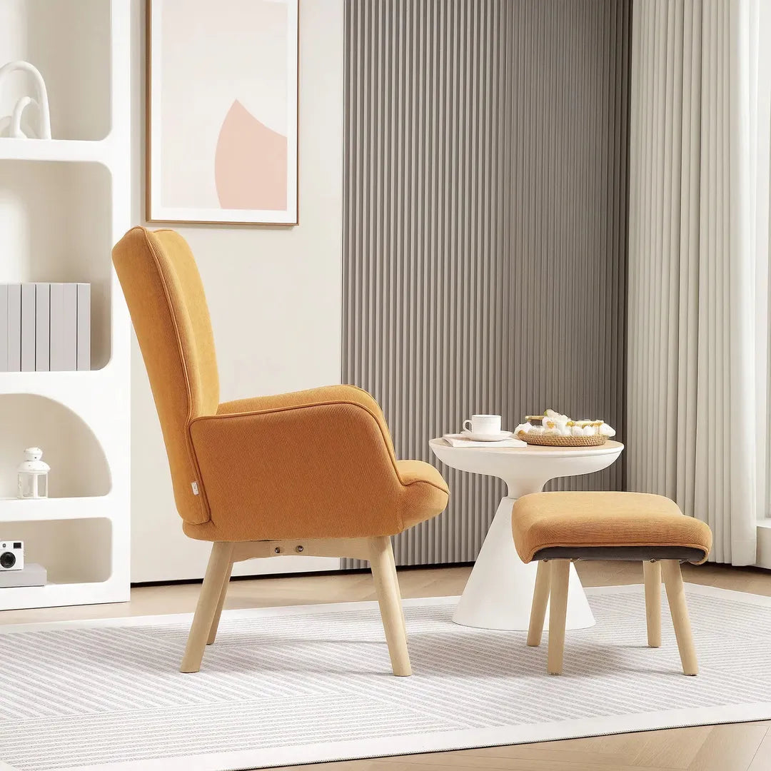 Fauteuil met Hocker – Relaxstoel in Cordstof met Armleuningen en Houten Poten, Grijs, voor Woonkamer