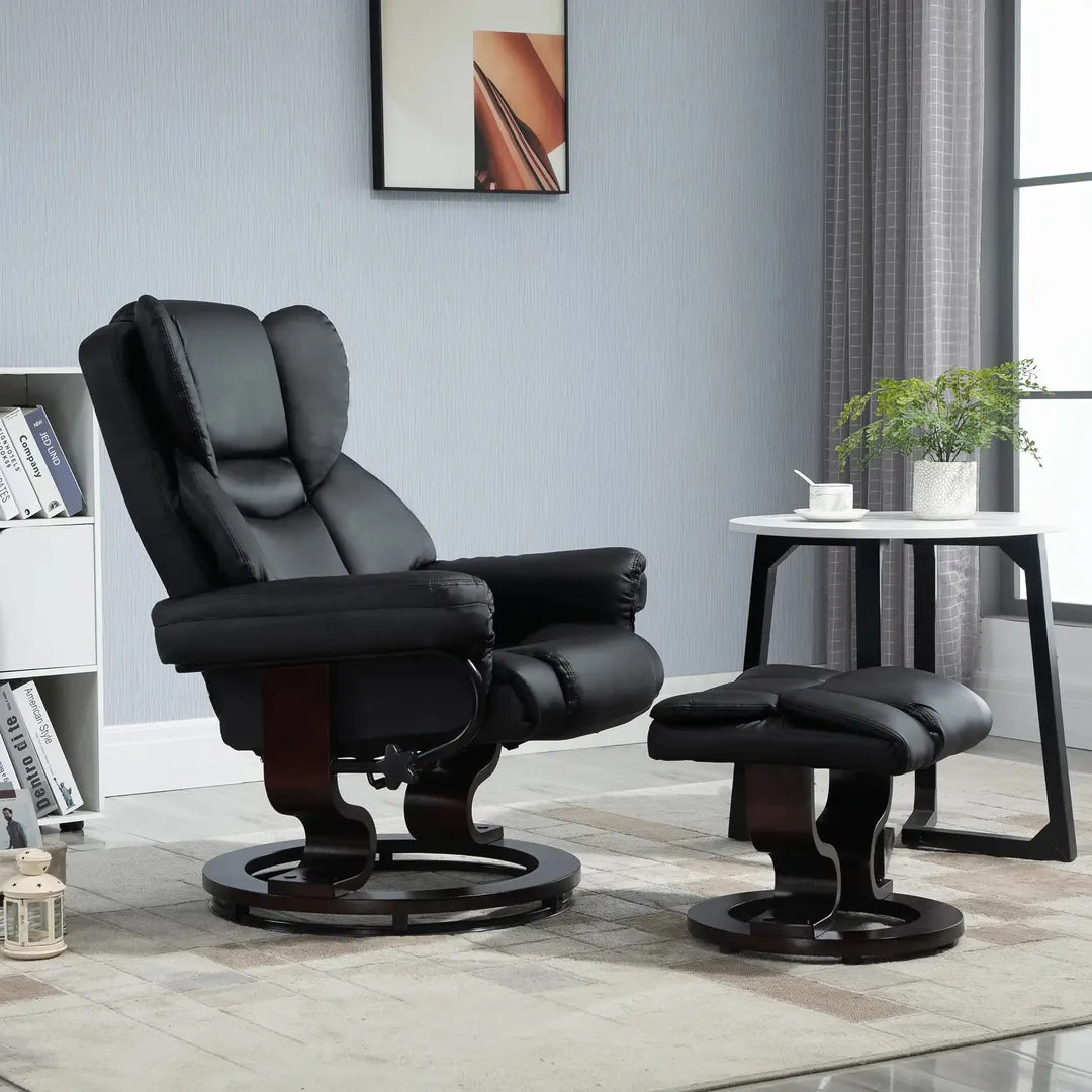 Fauteuil met Hocker – Draaibare Relaxstoel met Ligfunctie van Kunstleer en Metalen Frame, Crème, 80 x 79 x 100 cm