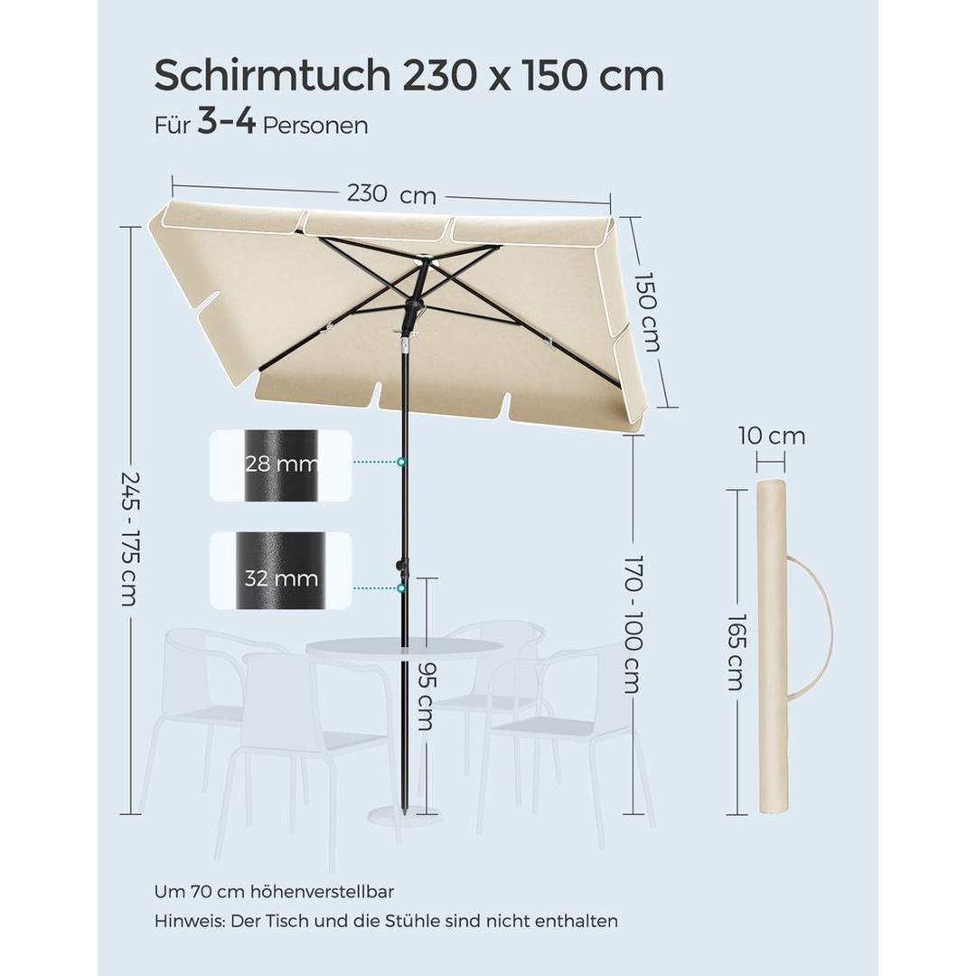 Rechthoekige parasol – kantelbaar en in hoogte verstelbaar – UPF 50+ UV-bescherming – 200x125, 230x150 of 180x125 cm