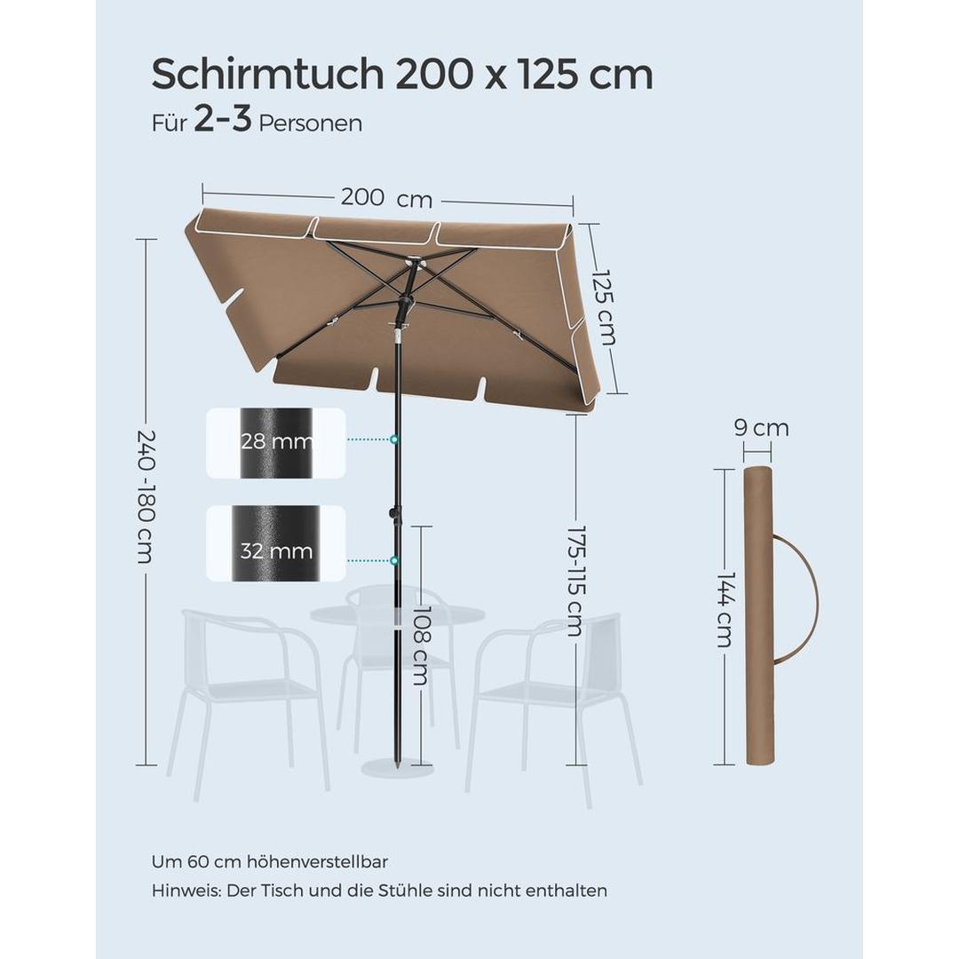 Rechthoekige parasol – kantelbaar en in hoogte verstelbaar – UPF 50+ UV-bescherming – 200x125, 230x150 of 180x125 cm