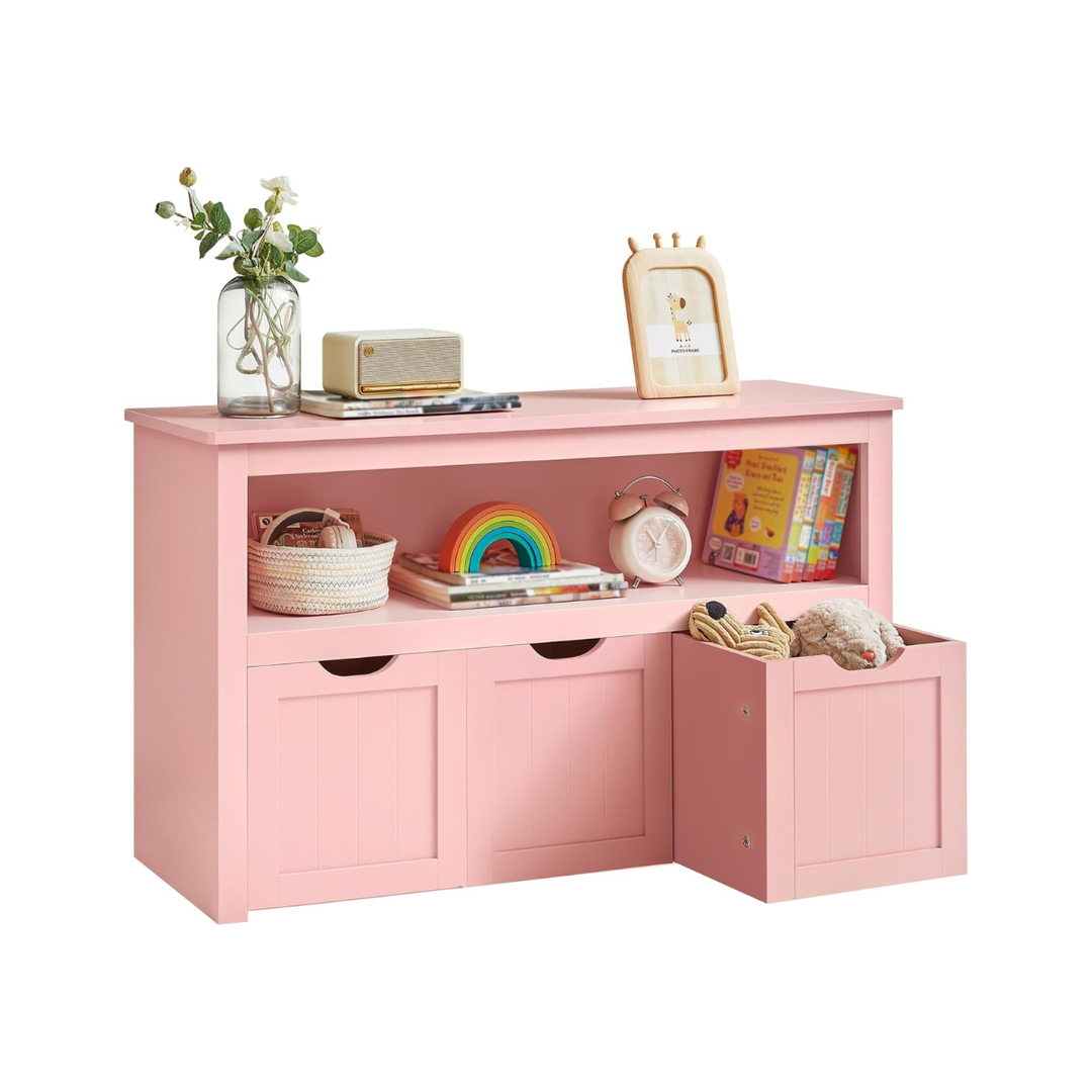 Speelgoedkast met 3 opbergbakken – kinderopbergkast van MDF, met wieltjes, 102 × 30 × 60 cm