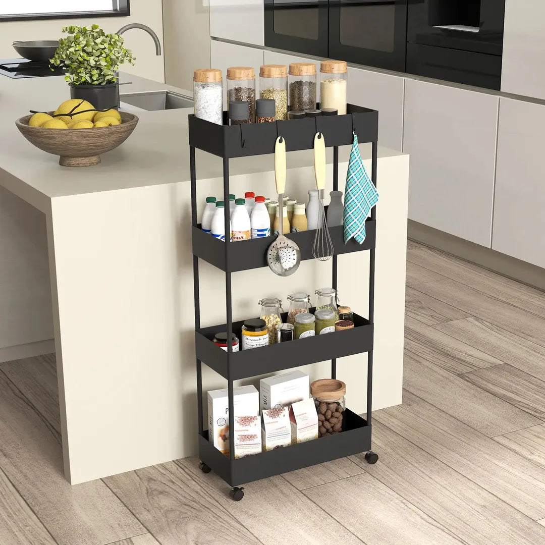 Keukenwagen met 4 legplanken en 4 haken – op wielen – Grijs – 40 × 19 × 90 cm