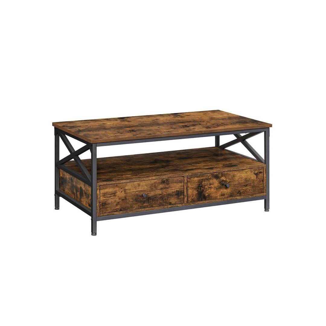 Salontafel met 2 lades – industriële stijl, verstelbare poten, spaanplaat en staal, 100 cm breed