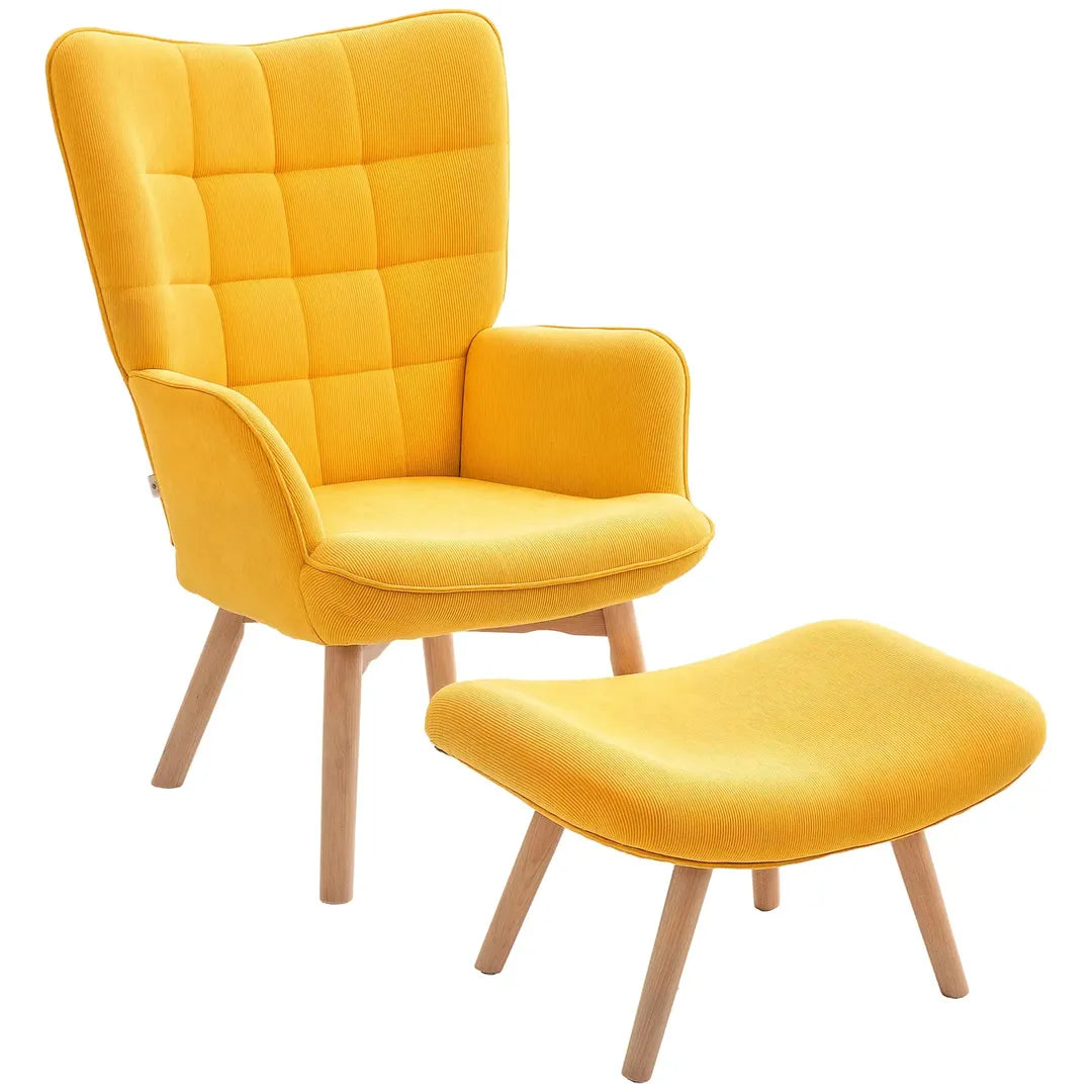 Fauteuil met Hocker – Relaxstoel in Cordstof met Armleuningen en Houten Poten, Grijs, voor Woonkamer