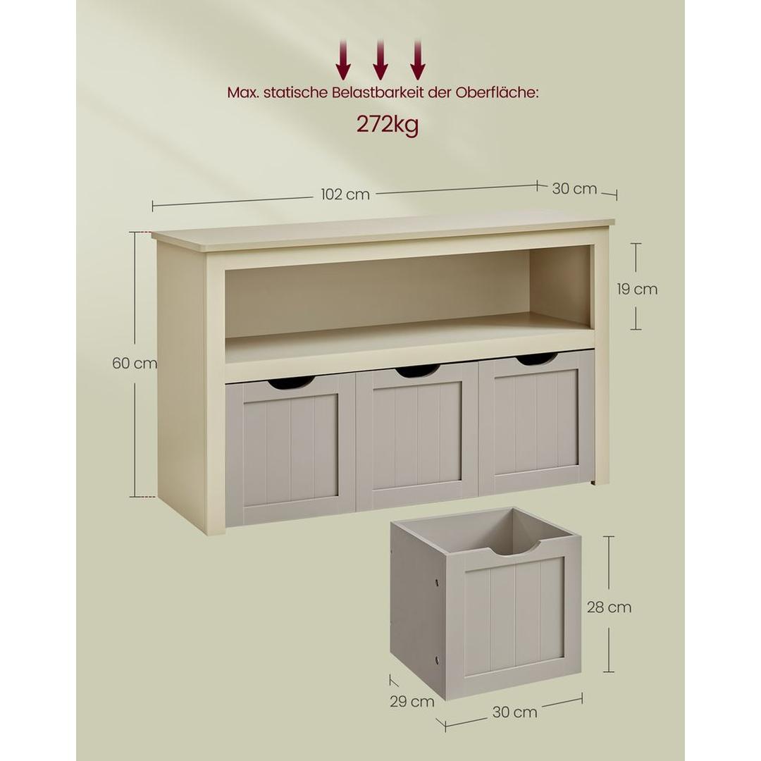 Speelgoedkast met 3 opbergbakken – kinderopbergkast van MDF, met wieltjes, 102 × 30 × 60 cm
