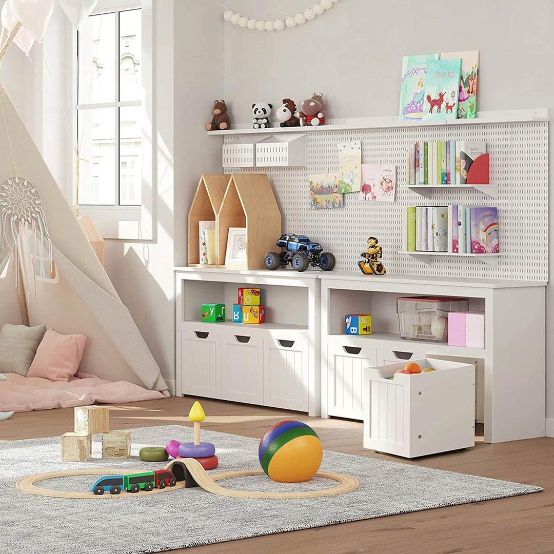 Speelgoedkast met 3 opbergbakken – kinderopbergkast van MDF, met wieltjes, 102 × 30 × 60 cm