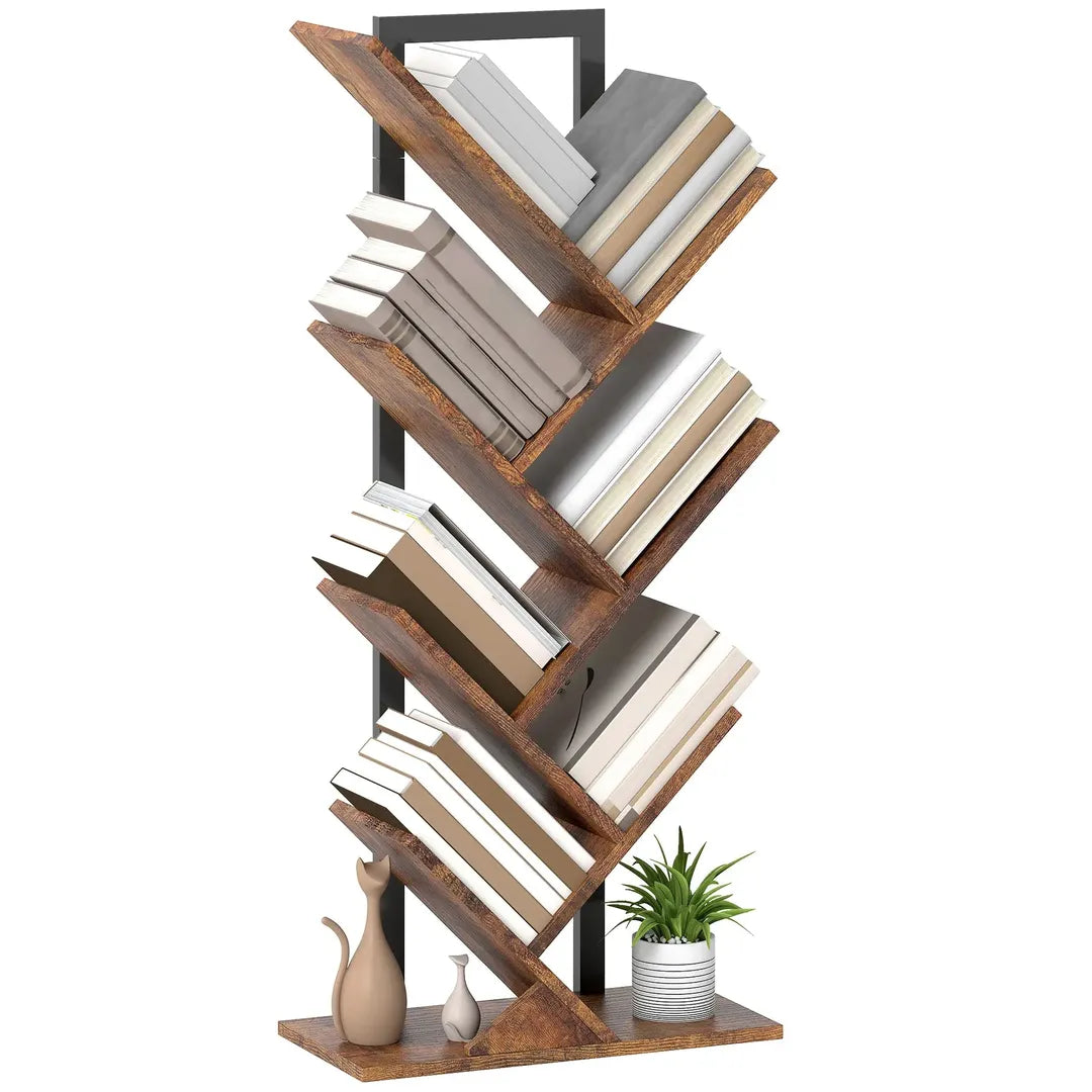 Boekenkast in boomvorm met 7 niveaus – smal staand boekenrek met stalen frame, rustiek bruin