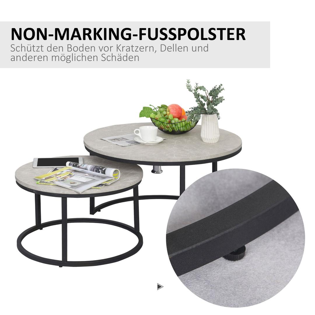 Salontafel Set – 2 Ronde Tafels – Industrieel Design – Metalen Frame – Blad in Marmerlook Grijs