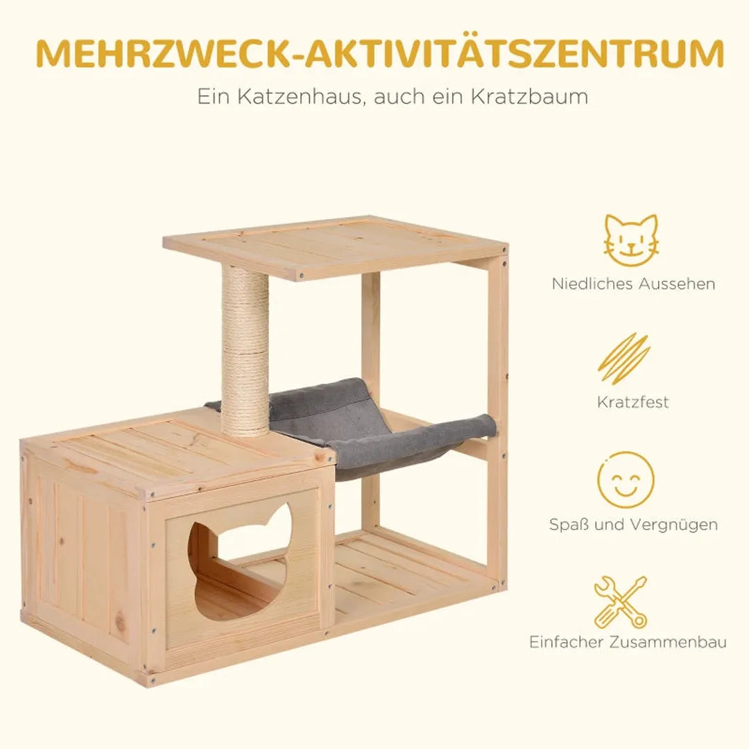 Kattenhuis met hangmat – kattenverblijf met sisal krabpaal – kattenboom van grenenhout – naturel – 70 x 35 x 60 cm