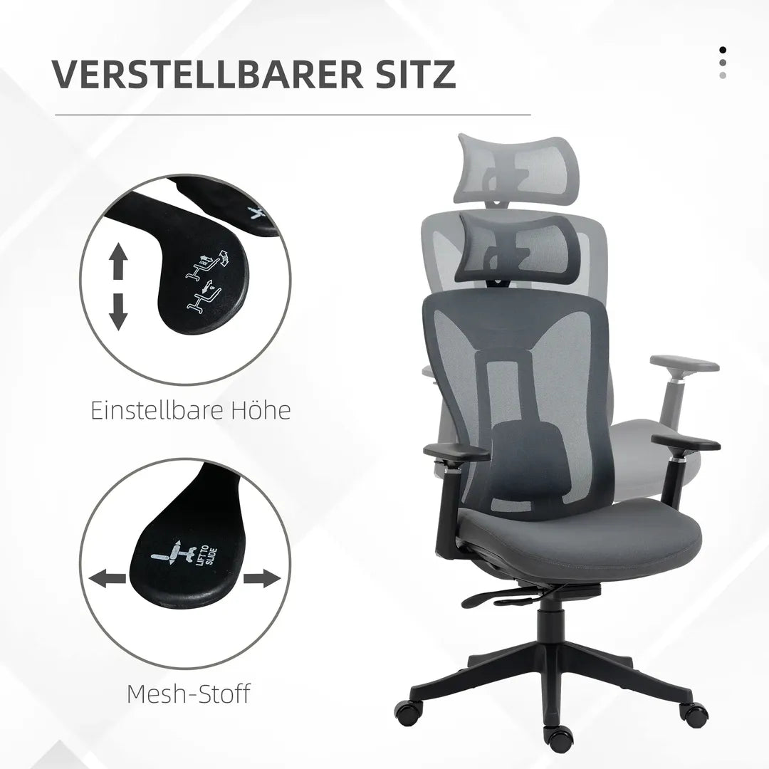 Bureaustoel met 135° kantelfunctie – in hoogte verstelbaar, ergonomische rug- en hoofdsteun, grijs