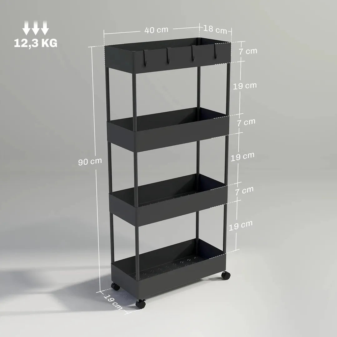 Keukenwagen met 4 legplanken en 4 haken – op wielen – Grijs – 40 × 19 × 90 cm