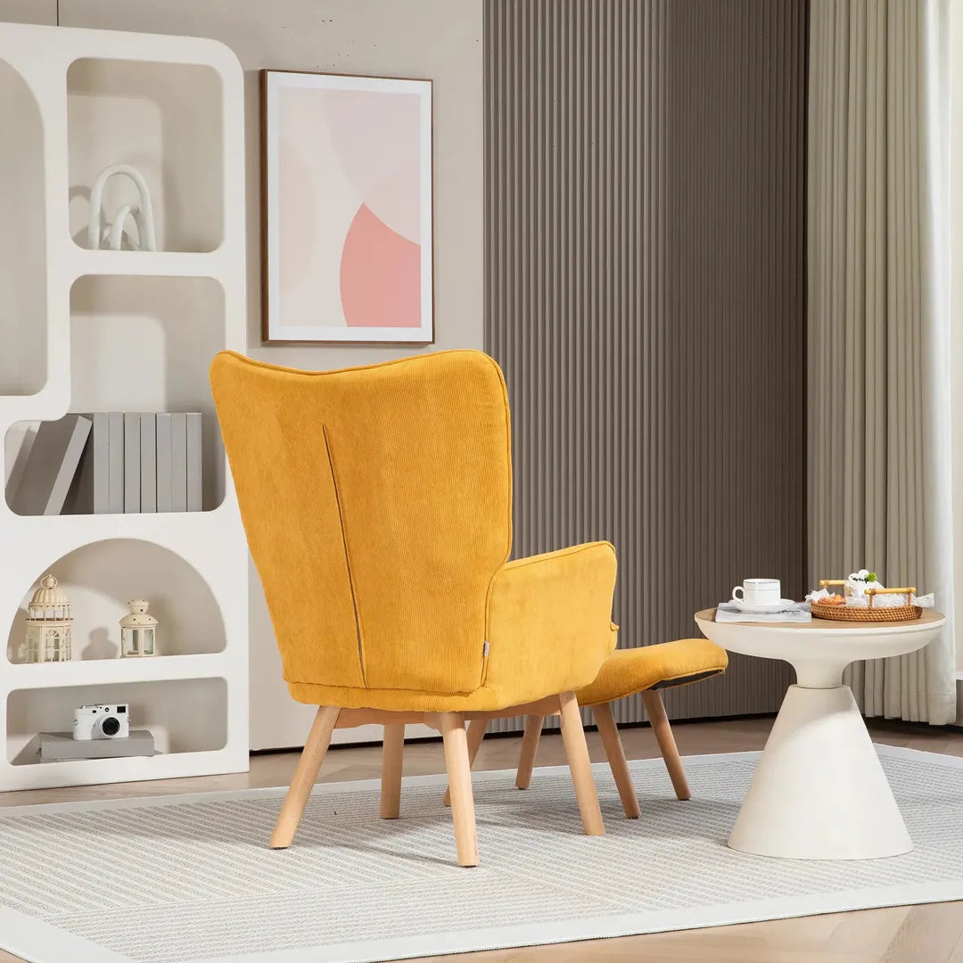 Fauteuil met Hocker – Relaxstoel in Cordstof met Armleuningen en Houten Poten, Grijs, voor Woonkamer