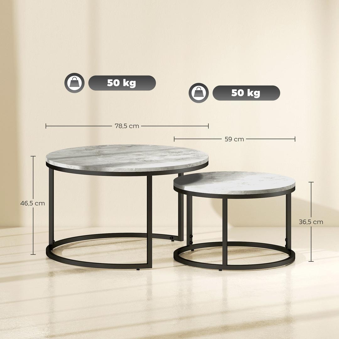 Salontafel Set – 2 Ronde Tafels – Industrieel Design – Metalen Frame – Blad in Marmerlook Grijs