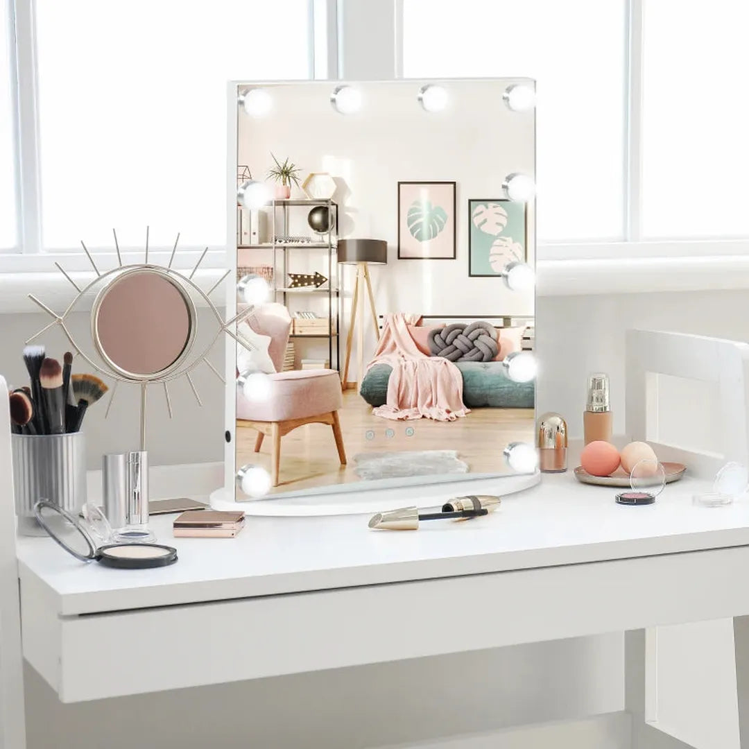 Make-up spiegel met LED-verlichting – 12 lampen met 3 lichtstanden – Hollywood stijl – Met USB-aansluiting – Wit