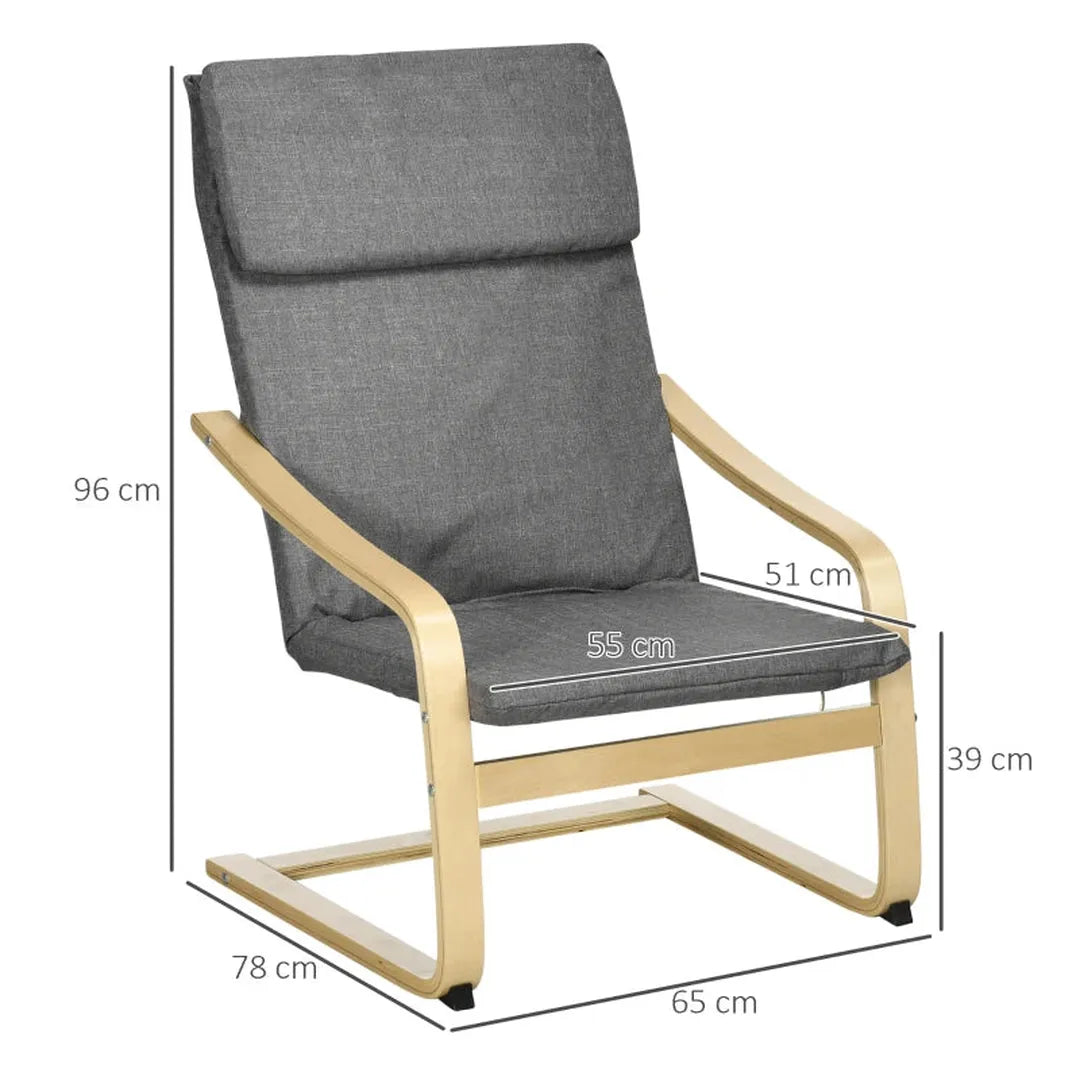 Fauteuil met hoofdsteun en armleuningen – linnen-look bekleding – houten frame – 85 x 75 x 90 cm