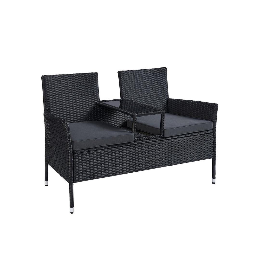 Tuinbank met geïntegreerd tafeltje – polyrotan tuinbank met kussens, zwart, 131 cm breed