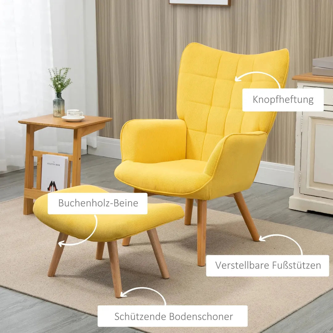 Fauteuil met Hocker – Relaxstoel in Cordstof met Armleuningen en Houten Poten, Grijs, voor Woonkamer