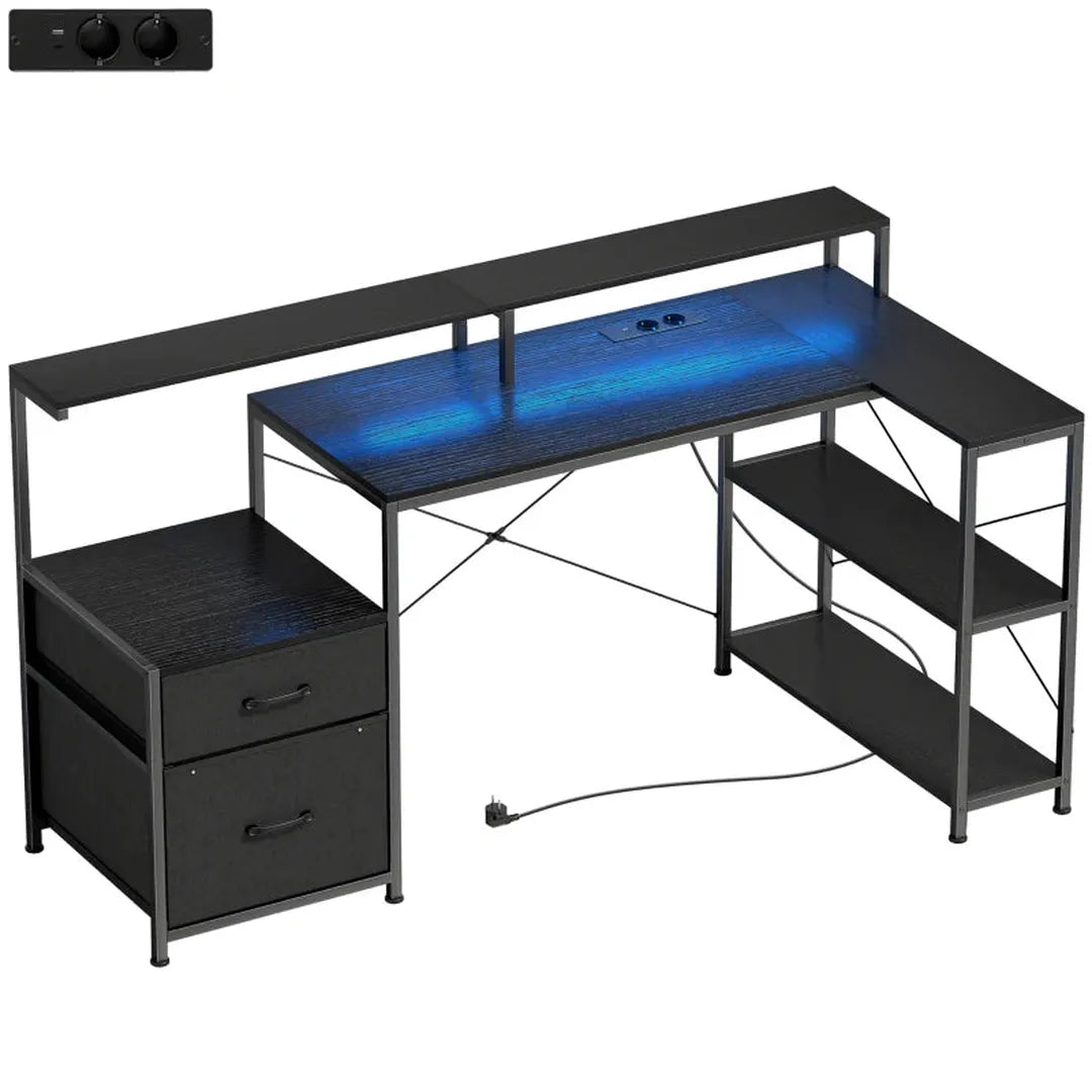 L-vormig bureau met LED en stopcontacten – hoekbureau met dubbele monitorstand en lades, 165 × 80 × 91,5 cm