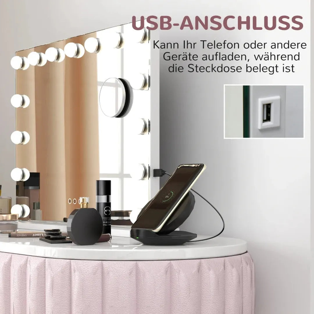 Make-up spiegel met LED-verlichting – 12 lampen met 3 lichtstanden – Hollywood stijl – Met USB-aansluiting – Wit