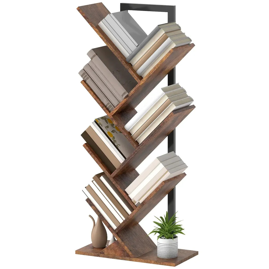 Boekenkast in boomvorm met 7 niveaus – smal staand boekenrek met stalen frame, rustiek bruin