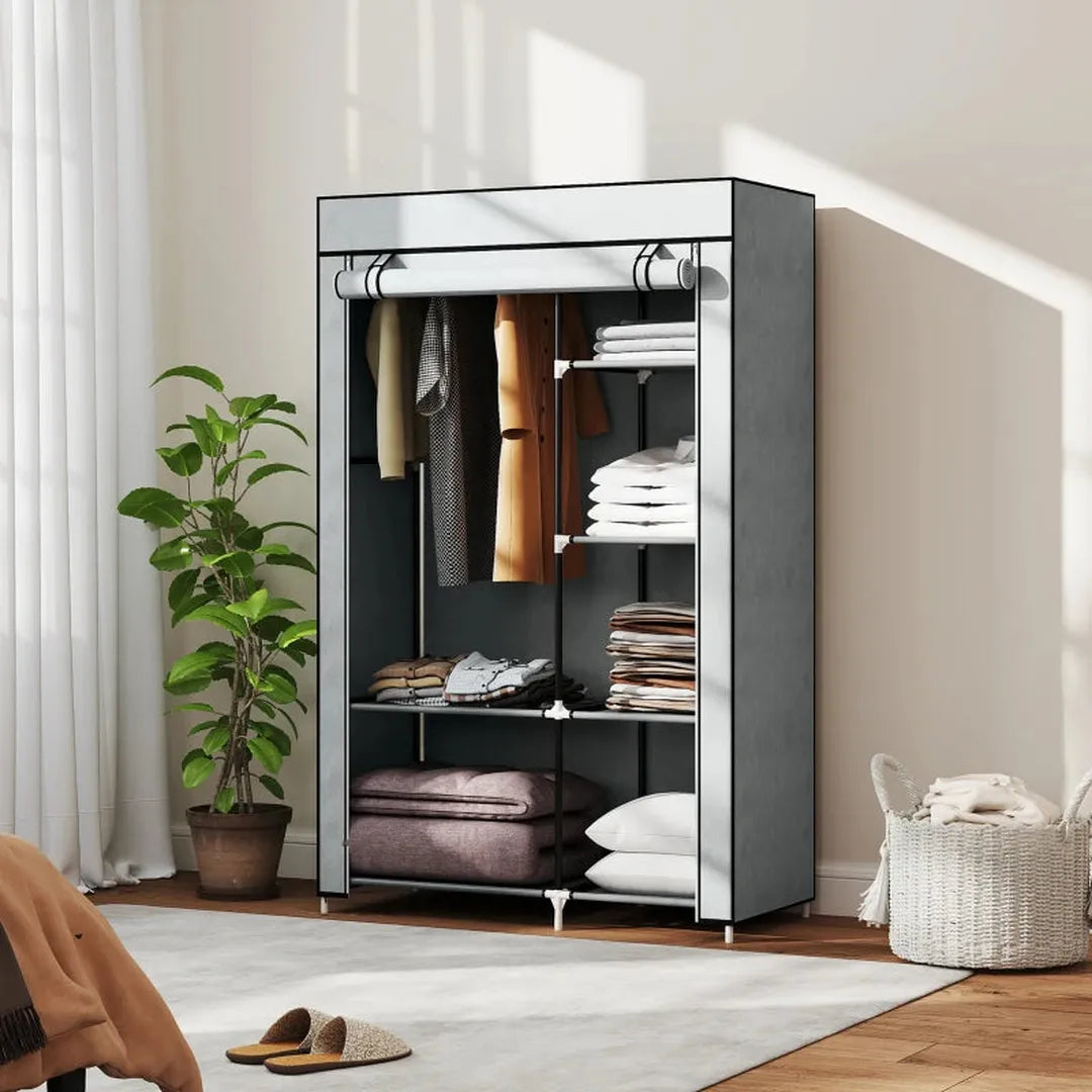 Opvouwbare kledingkast van stof – 6 legplanken en 1 kledingstang – Donkergrijs – Opbergkast voor slaapkamer