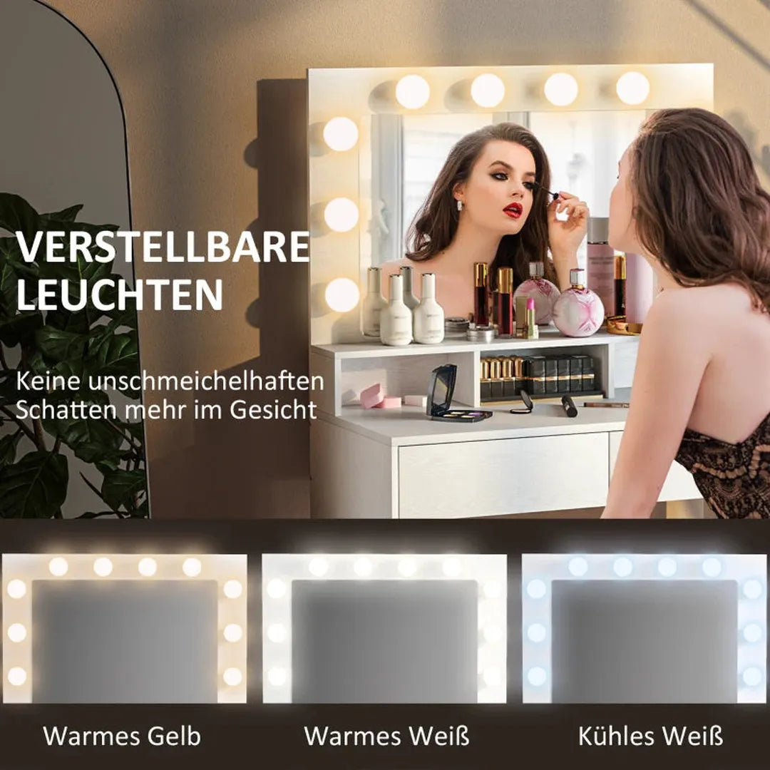 Kaptafel met verlichte spiegel – 3 lichtstanden – 10 lampjes – lades – modern – wit