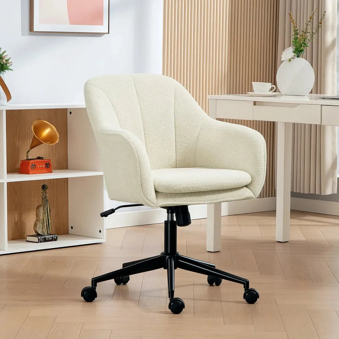 Bureaustoel met stoffen bekleding in sneeuwflanel-look – draaibare make-upstoel met gebogen rugleuning, beige