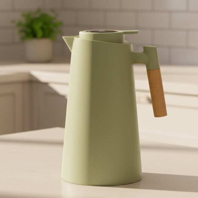 Vesinstra product in cyan van roestvrij staal (double-walled), wooden handgreep – vooraanzicht