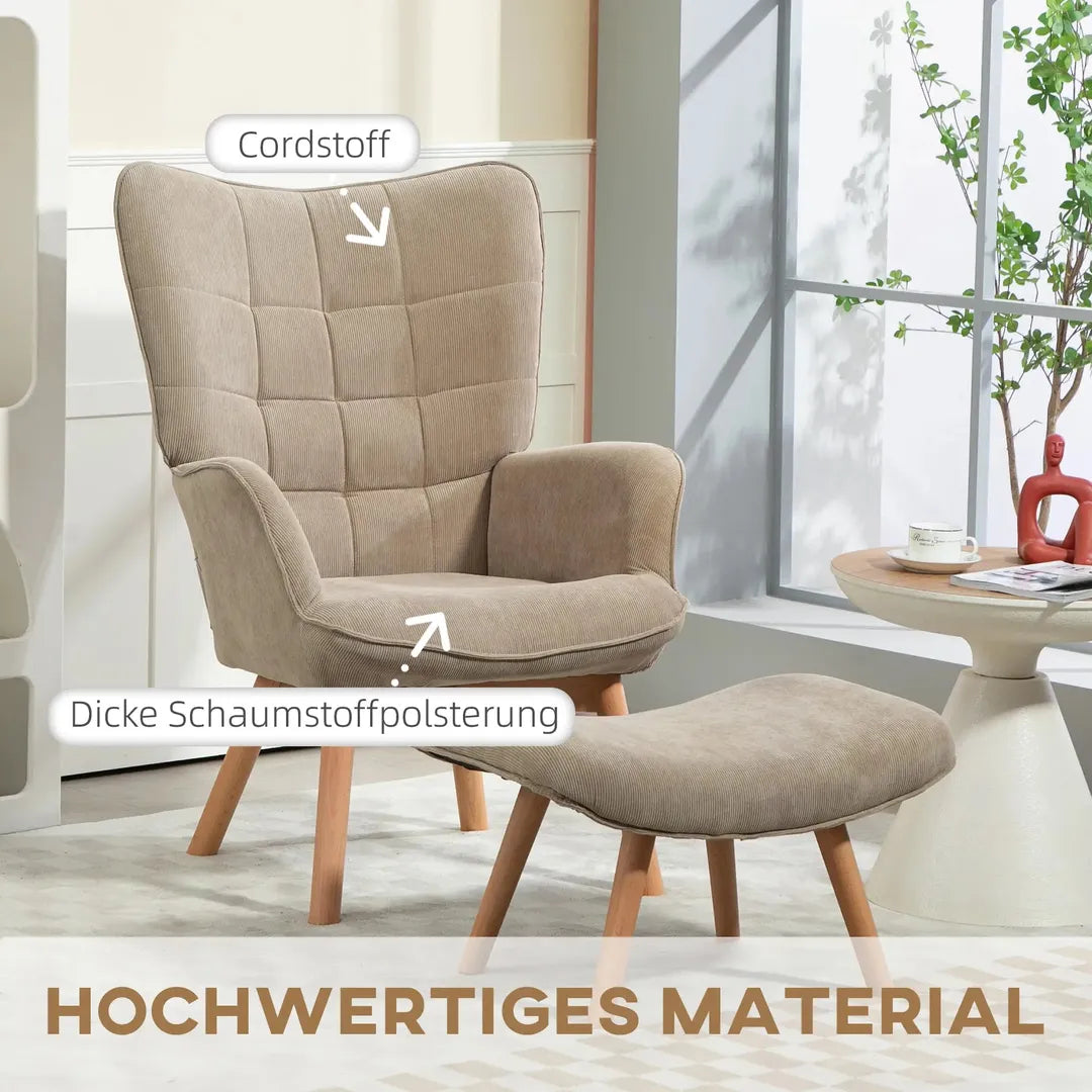 Fauteuil met Hocker – Relaxstoel in Cordstof met Armleuningen en Houten Poten, Grijs, voor Woonkamer