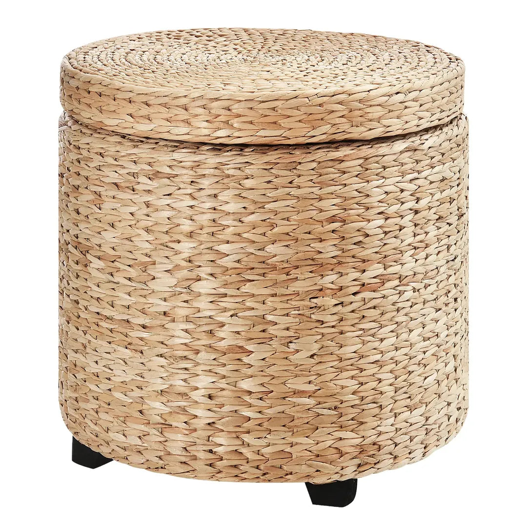 Poef – Moderne Voetenbank – Donkergrijs met Bruin – Stoffen Bekleding en Houten Poten
