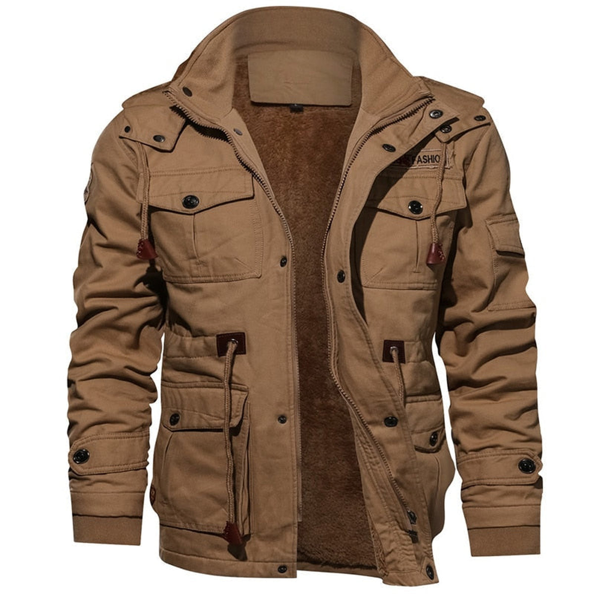 winterjas in zwart – detailfoto van de afwerking