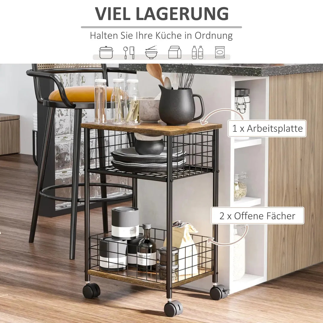 Keukenwagen met lade en legplank – op wielen – Zwart