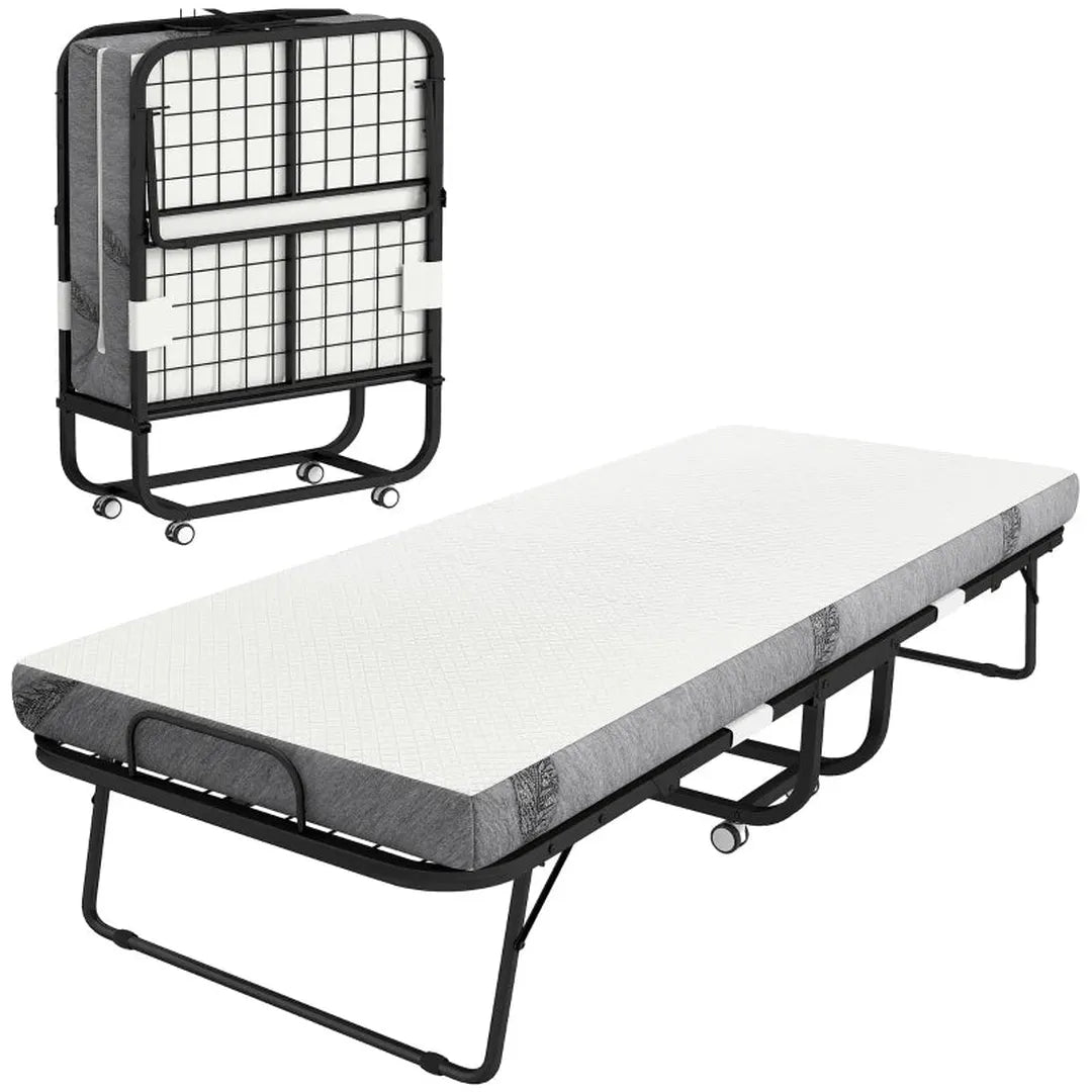Opklapbaar logeerbed – 80x200 cm – Vouwbed met 10 cm matras en stalen frame – Met wielen – Draagvermogen 150 kg