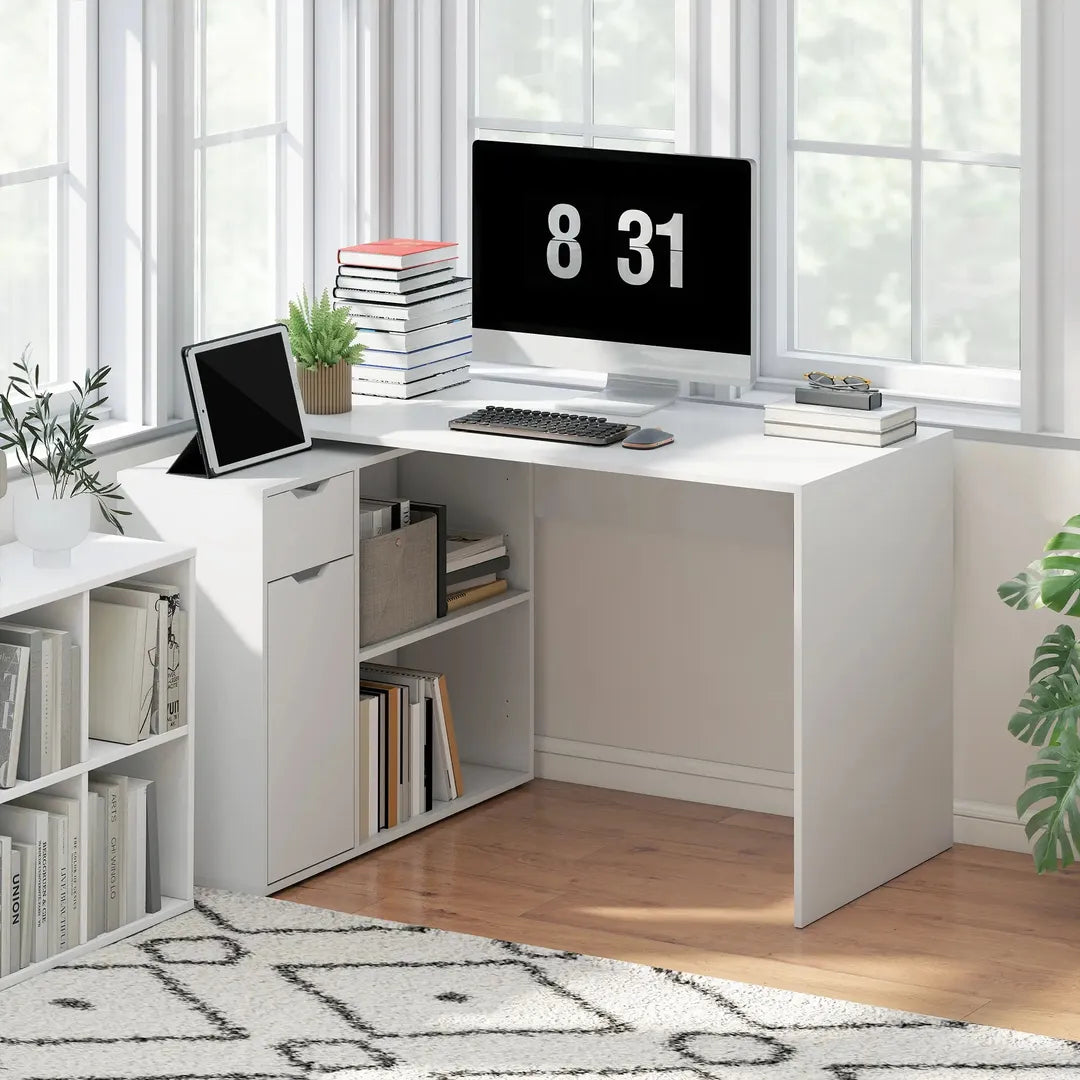 Flexibel bureau met kast en lade – hoekbureau met open vakken, hout, wit