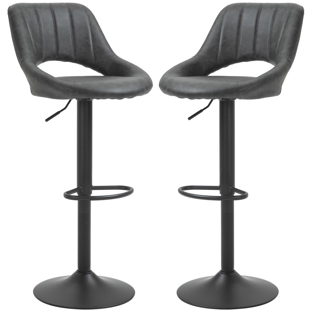 Barkrukken Set van 2 – In Hoogte Verstelbaar en Draaibaar met Voetsteun – Lederlook en Metalen Frame – Grijs – 44 x 49 x 90-110 cm