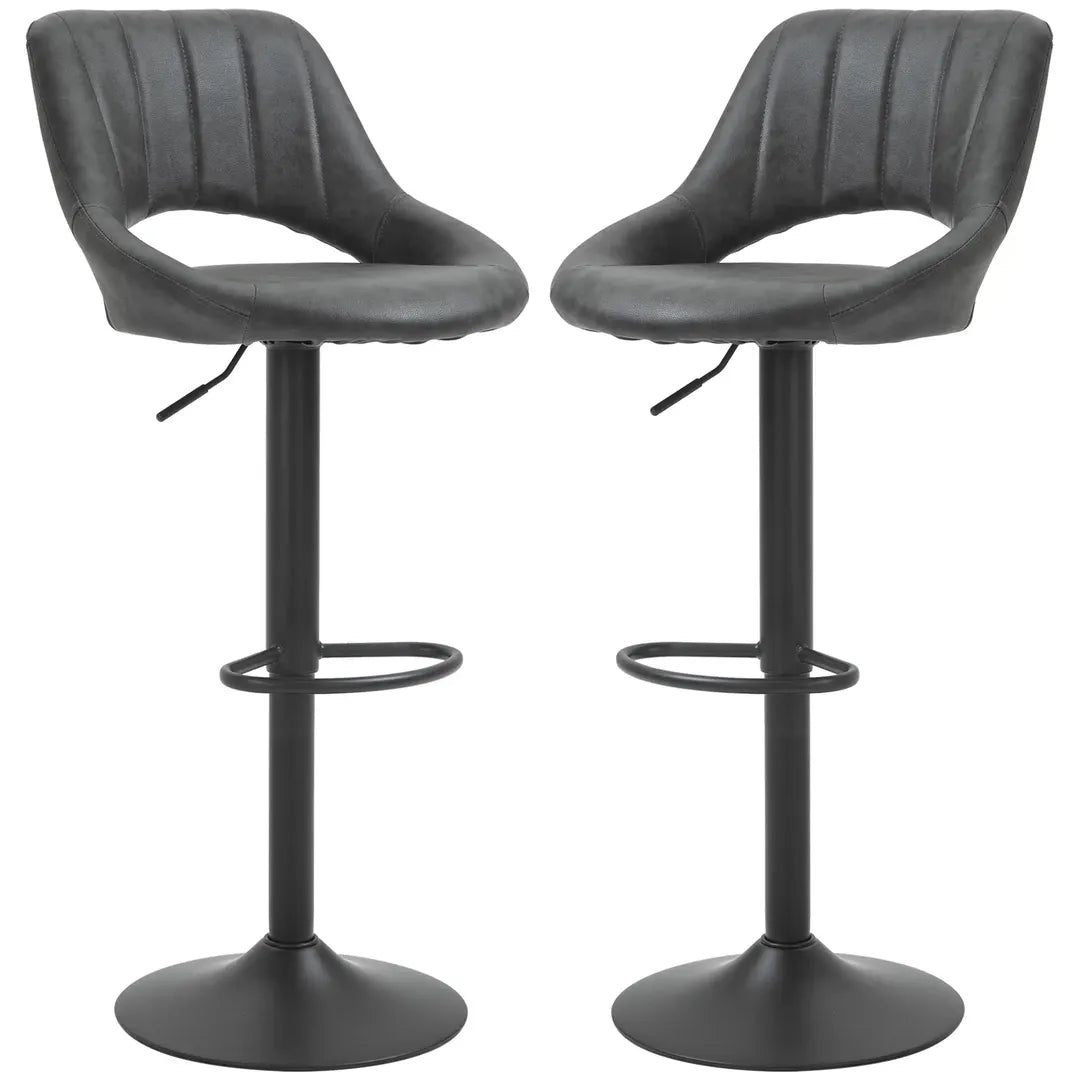 Barkrukken Set van 2 – In Hoogte Verstelbaar en Draaibaar met Voetsteun – Lederlook en Metalen Frame – Grijs – 44 x 49 x 90-110 cm