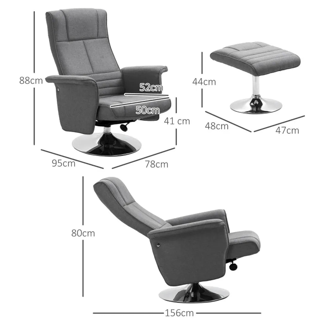 Fauteuil met Hocker – Verstelbare Rugleuning – Donkergrijs – 78 x 95 x 88 cm