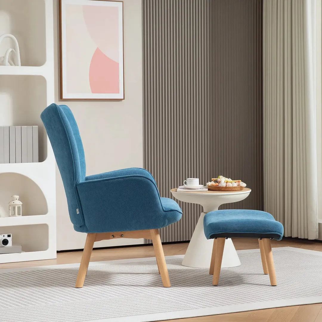 Fauteuil met Hocker – Relaxstoel in Cordstof met Armleuningen en Houten Poten, Grijs, voor Woonkamer
