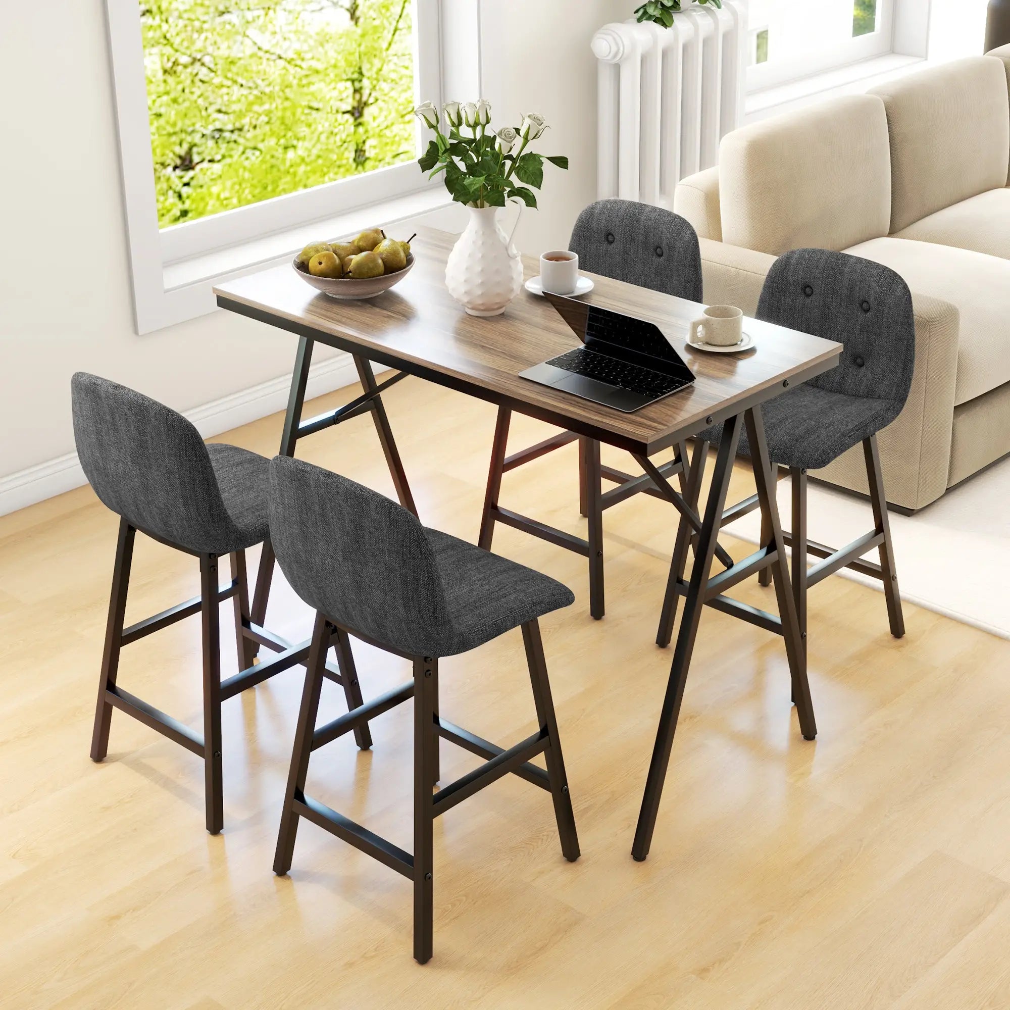 Barkrukset met Tafel – Industrieel Design, 2 Barkrukken met Stiksels, Lichtgrijs, 120 x 60 x 91 cm