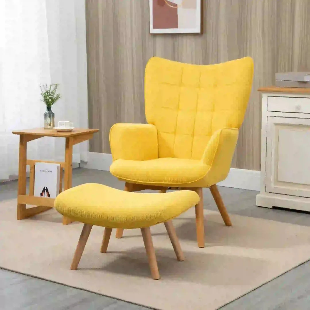 Fauteuil met Hocker – Relaxstoel in Cordstof met Armleuningen en Houten Poten, Grijs, voor Woonkamer