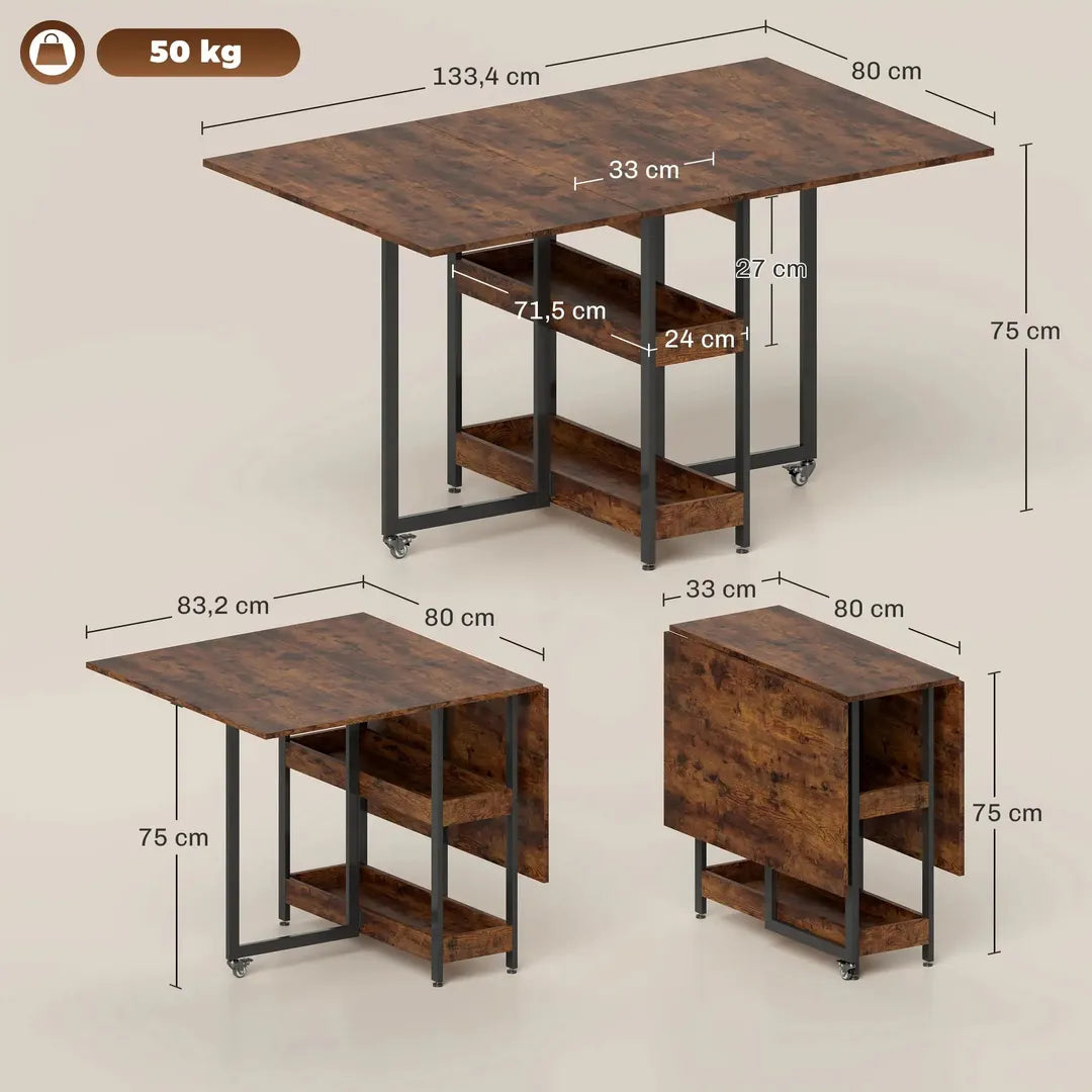 Eettafel inklapbaar – geschikt voor 4 personen – met open opbergrekken – Houtlook spaanplaat en metaal – Bruin