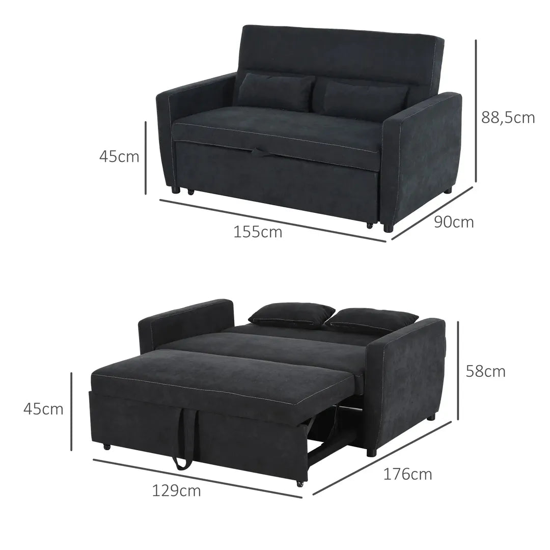 Slaapbank 2-Zits – Uitklapbaar – Houtframe – Donkergrijs – 155 × 90 × 88,5 cm – Max. 200 kg