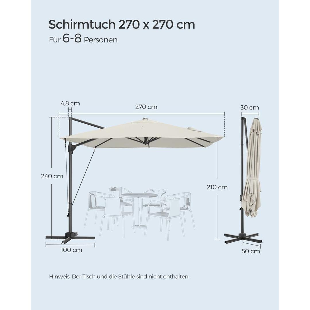 Zweefparasol 270 x 270 cm – 360° draaibaar en kantelbaar 0-60° – UPF 50+ – stalen frame met kruisvoet